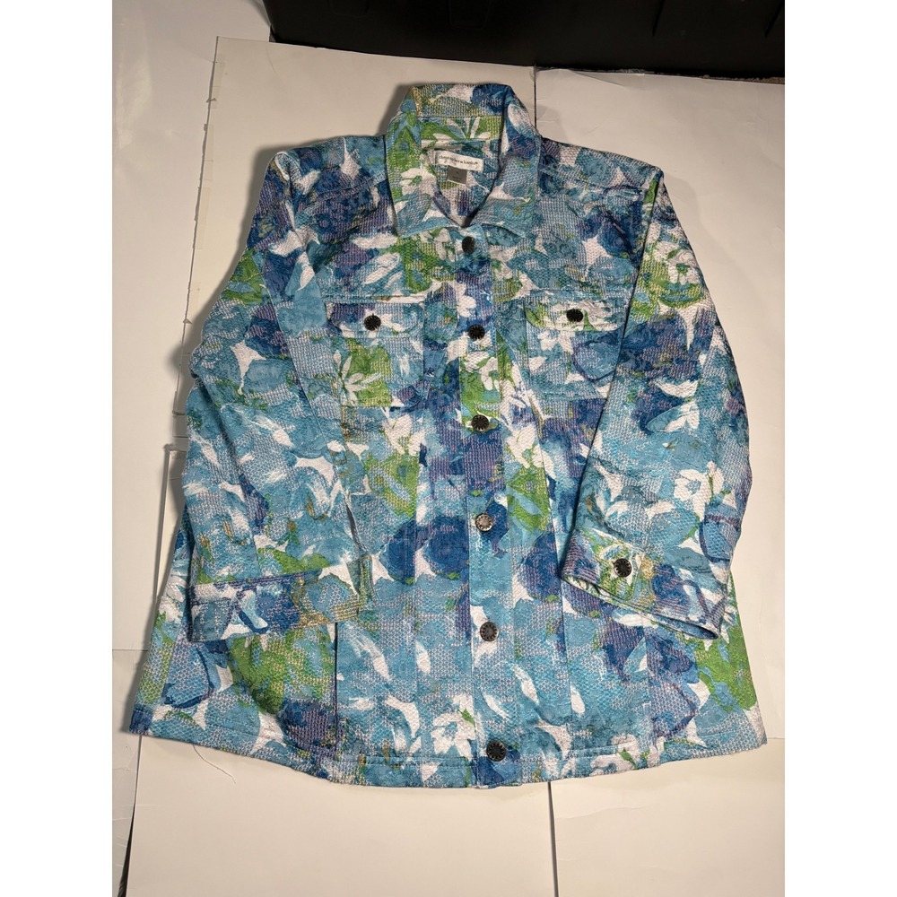 Christopher & Banks Floral Jacket Womens XL Blue Green Button Front Denim